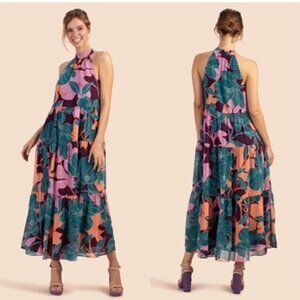 Trina Turk Sunglasses Halter Lightweight A Line Tiered Floral Maxi Dress M